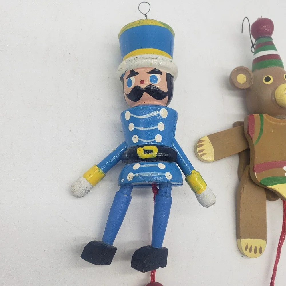 Lot of 2 VTG Wooden Pull String Toy / Christmas Ornament. Taiwan. Soldier & Bear